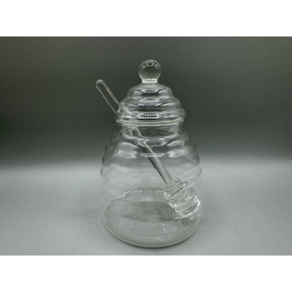 Honey Jar with Dipper and Lid,Glass Honey Pot Container Dispenser,Clear Glass - Picture 1 of 8